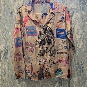 Graphic Satin Button-Up Shirt with 1989 Portrait